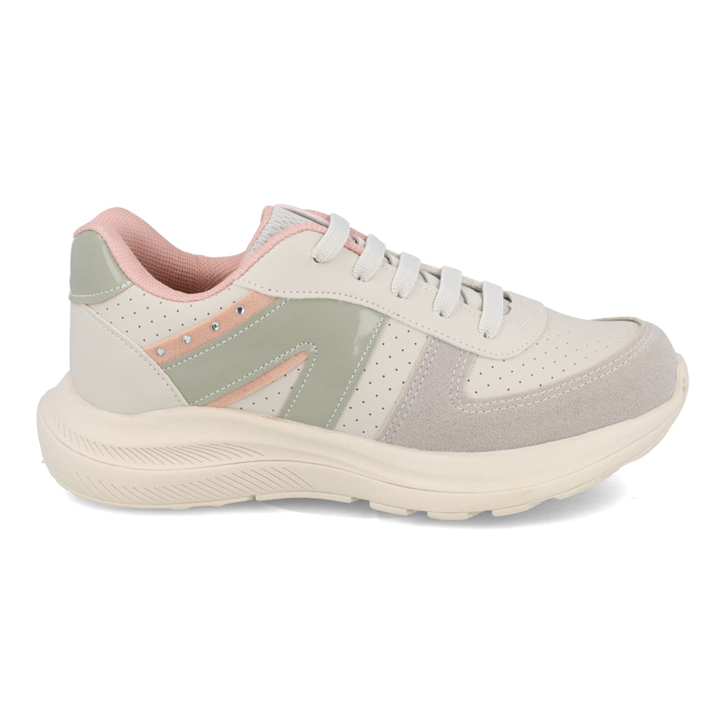 Tênis infantil feminino Jet Kids modelo 63.024-144 em bege com detalhes verdes e rosa, vista frontal
